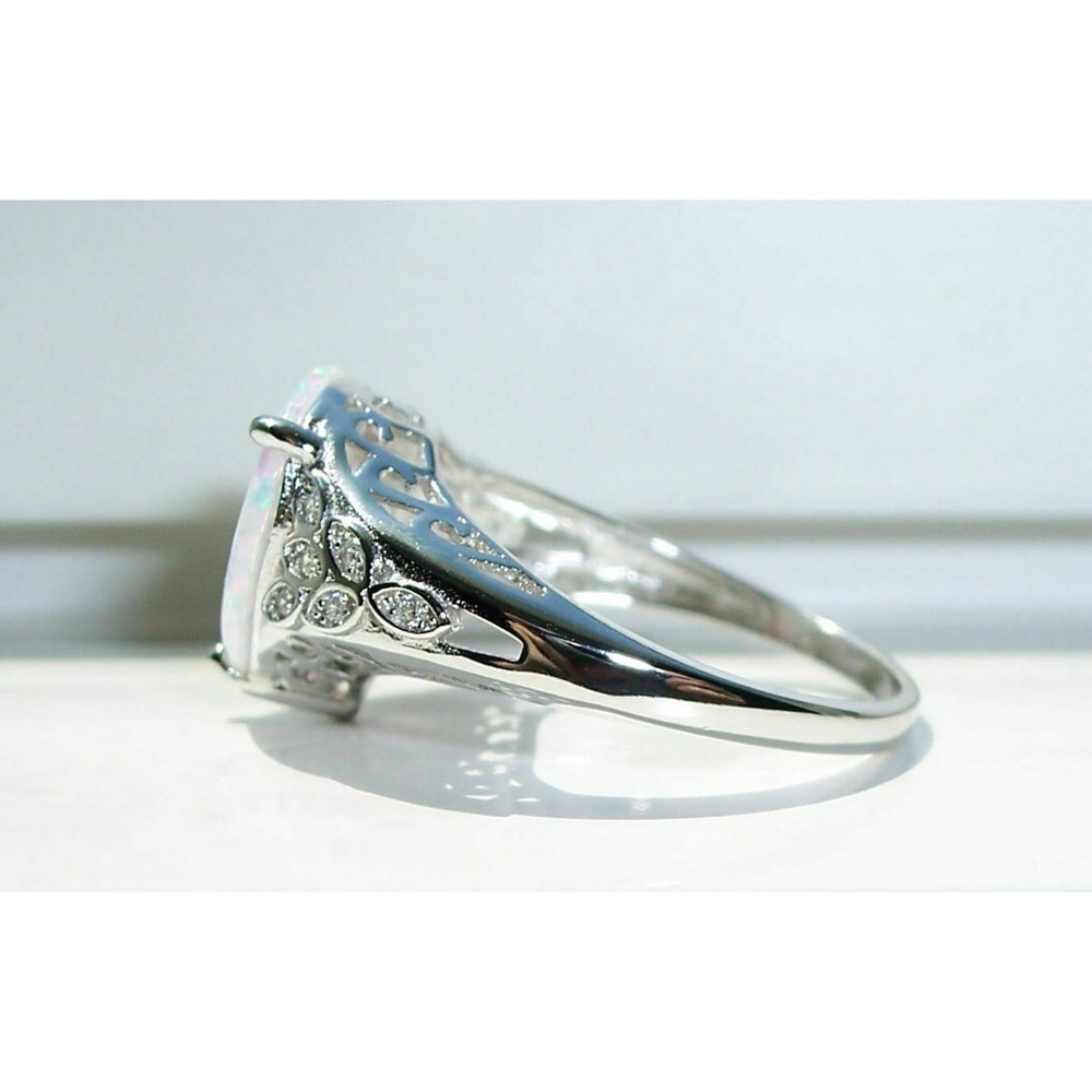 925 STERLING SILVER Lab Created White Fire Opal & CZ Ring - Picture 9 of 16